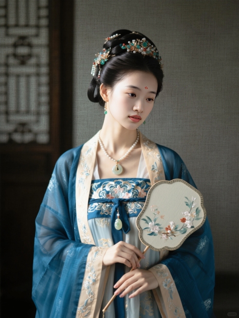 穿华丽的唐朝时期古风汉服，蓝靛盘发和各色珠宝的头饰，几颗宝玉坠饰别在腰间，手持一把精致的团扇，一半的面部有轮廓光，中式背景预览效果