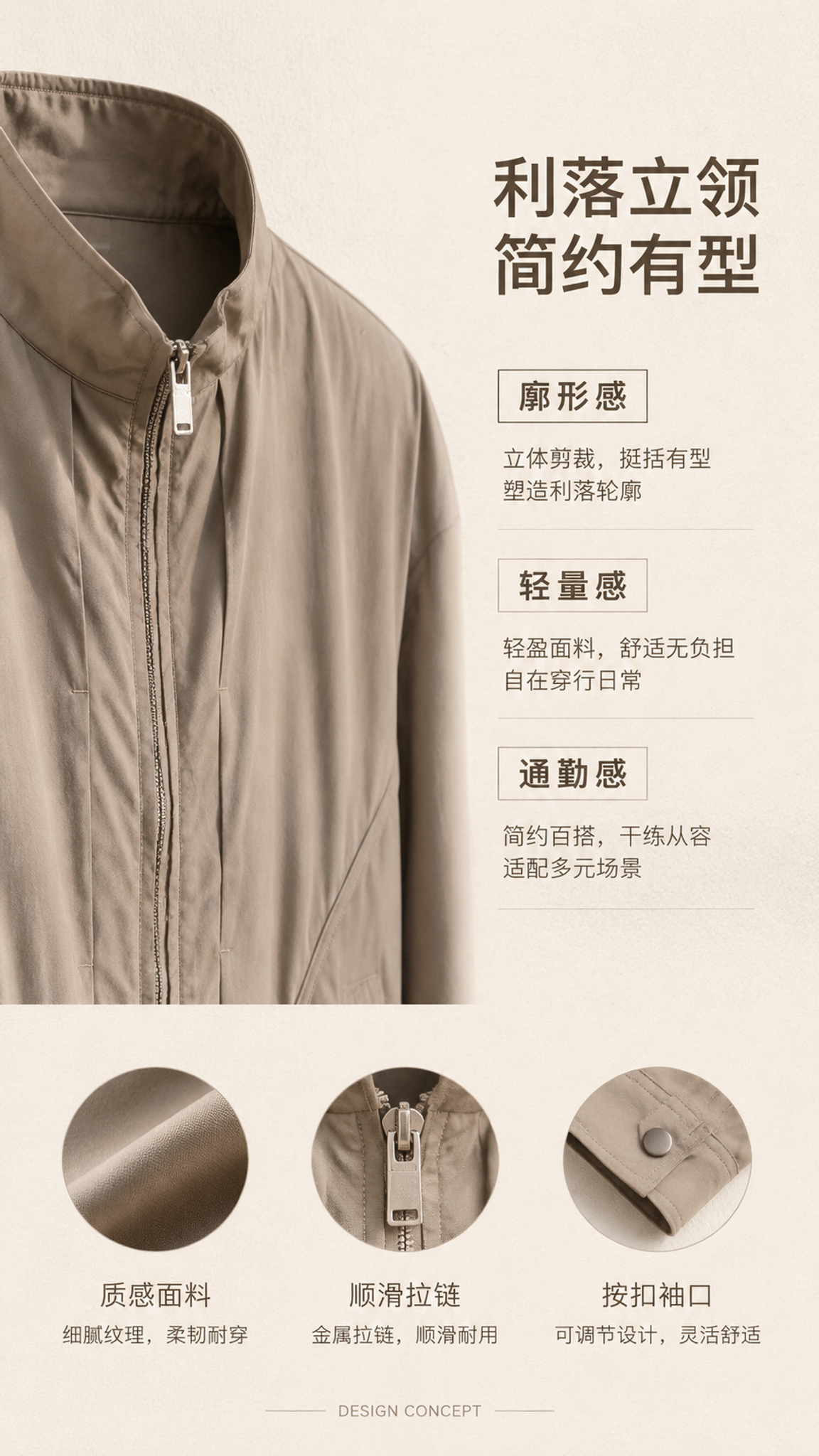 [第2张] 详情页设计理念页-卡其色立领廓形短款夹克外套风格主… - 图片创意预览