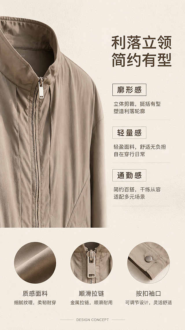 [第2张] 详情页设计理念页-卡其色立领廓形短款夹克外套风格主张。本张使用【图1】作为商品主体。
[氛围/风格] 极简杂志风，高级质感，大地色系，文艺通勤氛围。
[元素布局] 画面左侧为夹克局部特写（立领+拉链区域），占比约45%；右侧为大面积留白文字区；背景为浅米色肌理纸质感；底部横向排列3张小圆形细节图（面料纹理、拉链头、袖口按扣）；夹克保持卡其色、立领结构、金属拉链与输入图一致。
[光影质感] 柔和漫射光，衣身立挺有质感，金属拉链有细微高光，整体温润不刺眼。
[配色色系] 全局底色 #F5F0E8；主色卡其棕 #B8A48A；辅助色深棕 #6B5B4A、米白。
[视角构图] 左图右文版式，局部特写为视觉焦点，阅读动线从左到右。
[文字版式] 右侧文字区竖向排版，主标题「利落立领 简约有型」，下方三个风格关键词「廓形感」「轻量感」「通勤感」，每个关键词配一行小字解释；关键词用细线方框装饰；底部小号英文「DESIGN CONCEPT」；字体为无衬线中文字体，字重有层次。
[比例分辨率] 9:16 竖版比例，2K分辨率，文字清晰可辨，高清画质。
[负向提示词] 衣身变形，颜色偏差，水印，文字错乱，产品图模糊，背景杂乱。
