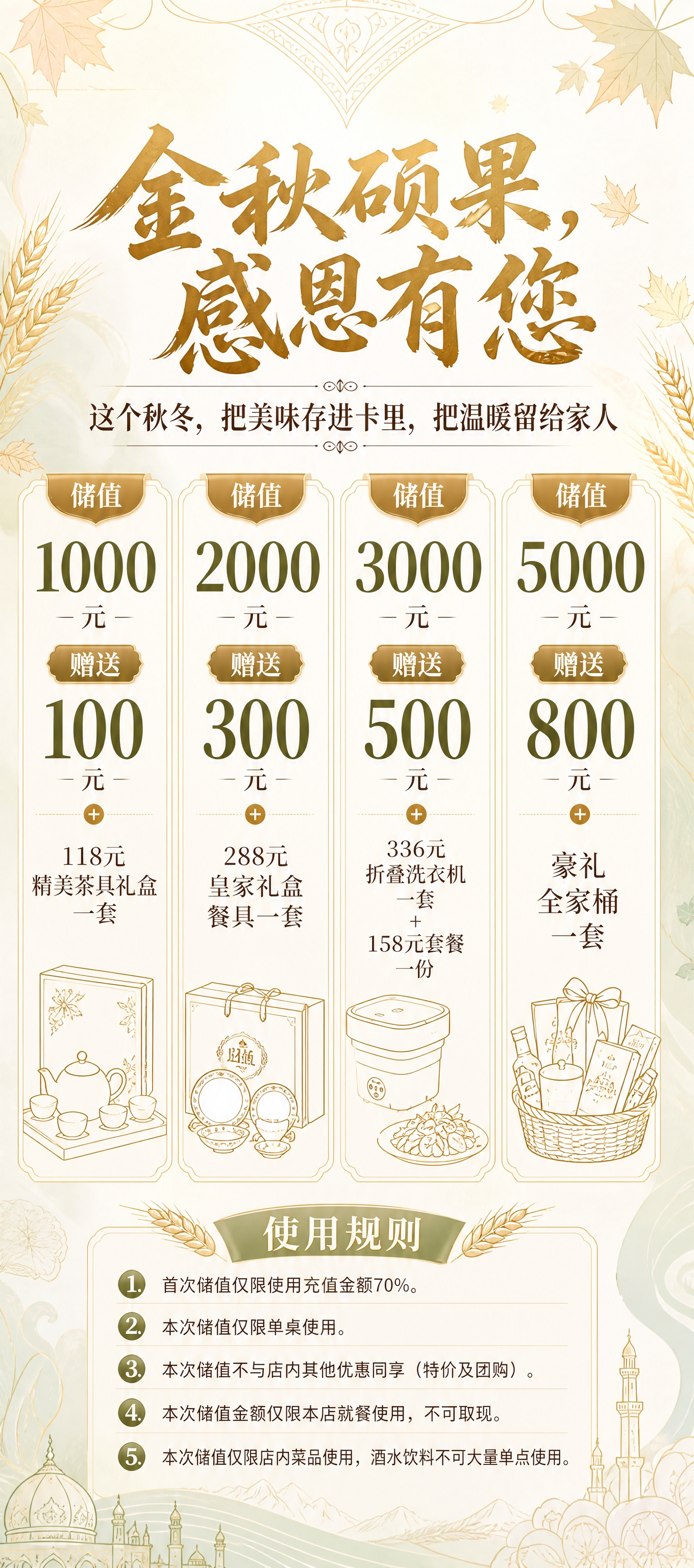 调整这张金秋储值海报：1. 背景图案改为清新风格，浅色淡雅，减… - 图片创意预览