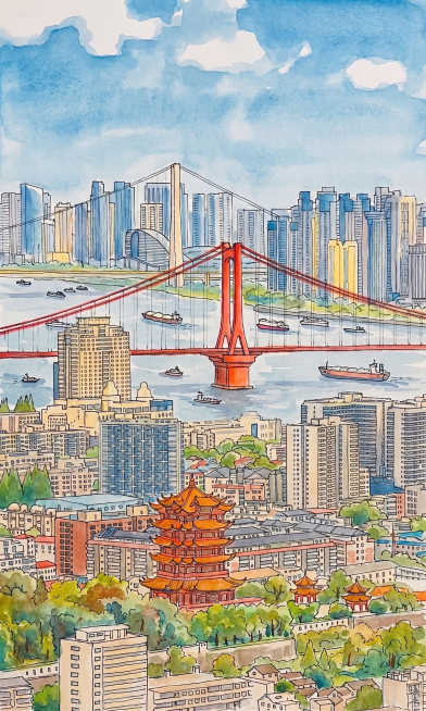 参考图1的风格，钢笔线描加淡彩水彩的儿童画风格，将图2中的武汉城市风光（包含黄鹤楼、红色大桥、长江和城市建筑群）转化为这种手绘风格，保留原图的构图和主要景物，色彩清新明快预览效果