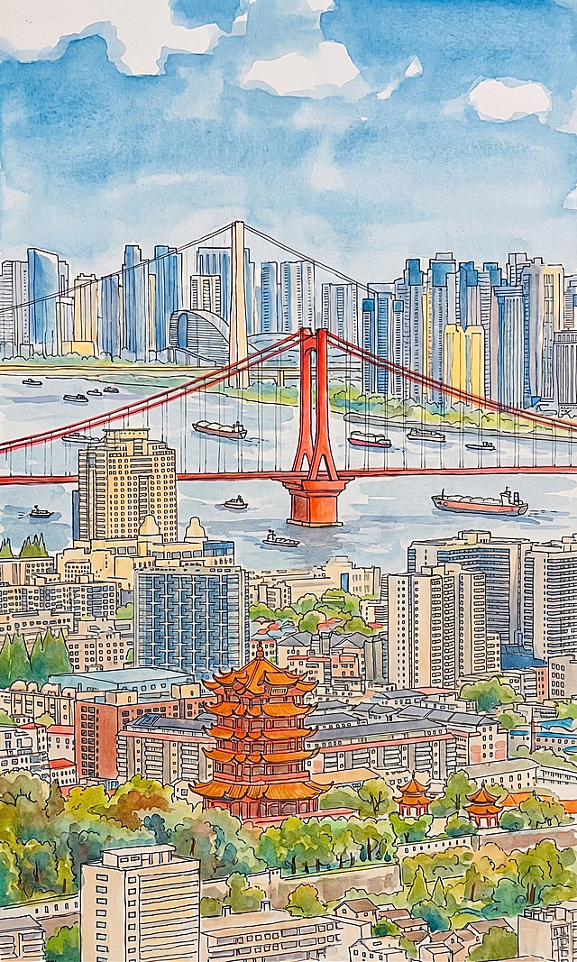 参考图1的风格，钢笔线描加淡彩水彩的儿童画风格，将图2中的武汉城市风光（包含黄鹤楼、红色大桥、长江和城市建筑群）转化为这种手绘风格，保留原图的构图和主要景物，色彩清新明快