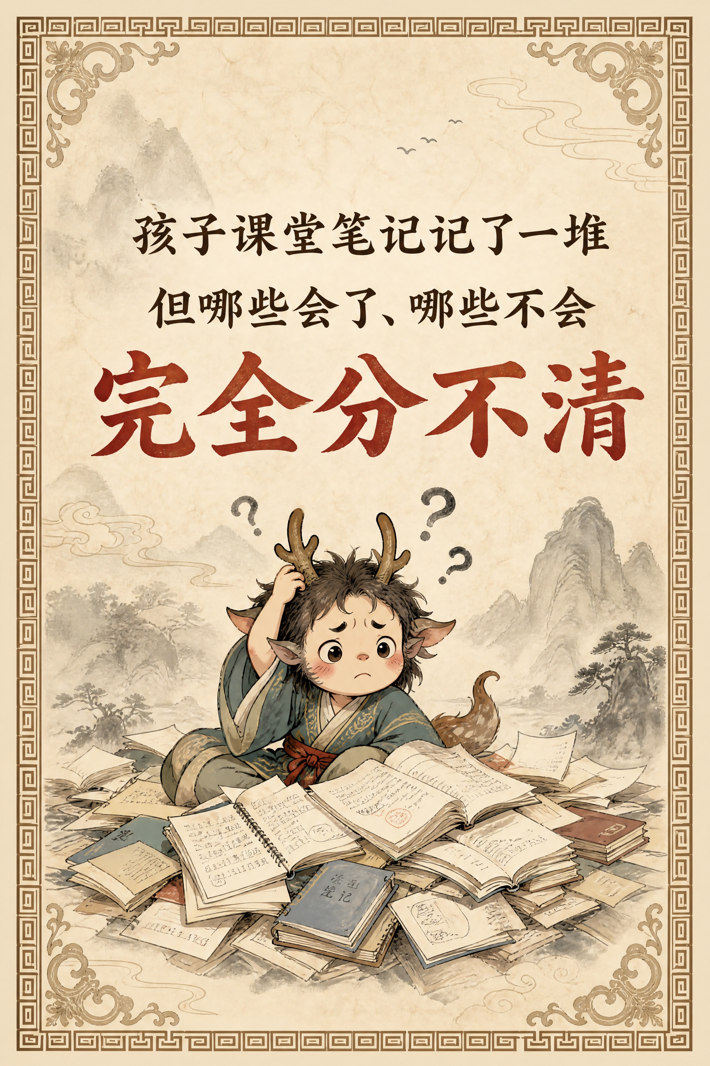 小红书笔记内页，痛点插画，国风山海经风格，米黄色宣纸纹理背景、… - 图片创意预览