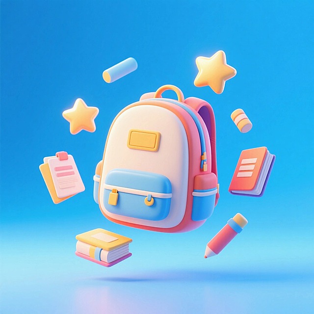 一个书包，漂浮着星星、文件夹相关的教育装饰元素，撞色，蓝色渐变背景