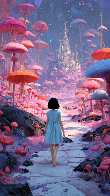 一位穿浅蓝色连衣裙的黑色短发小女孩背对镜头，赤脚走在奇幻蘑菇森林中的石板小径上，周围是巨大的彩色毒菇、彩虹植被、漂浮云雾和水晶塔楼，背景是星空与粉紫色云海，梦幻童话风格，超现实主义，高细节，柔和光影，预览效果