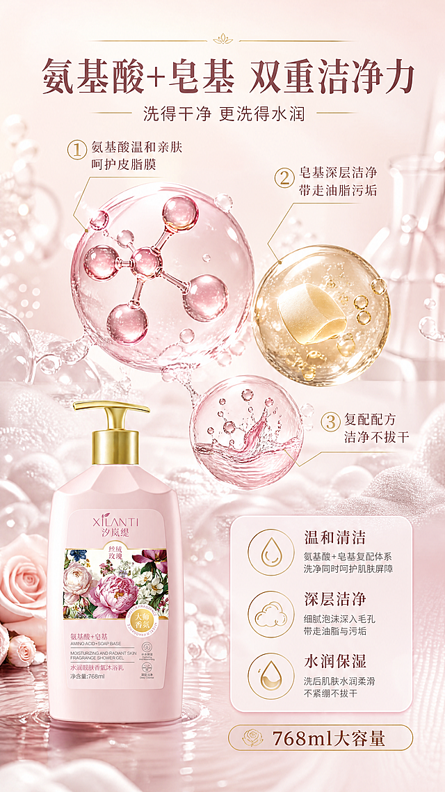 [商品] 使用【图1】汐岚缇丝绒玫瑰香氛沐浴乳作为产品代表；保留瓶身形状、金色按压泵头、XILANTI汐岚缇Logo、玫瑰花卉图案标签、"大师香氛"徽章、"氨基酸+皂基"文字、净含量768ml标识，不改变商品结构和文字。
[画面] 页面目标：成分功效页，展示氨基酸+皂基复配配方的双重洁净保湿力。构图：竖版9:16，上半部分为成分机理主视觉（占画面60%），下半部分左侧产品图+右侧功效说明。成分画面：放大的氨基酸分子结构、皂基洁净因子、水润保湿精华三种元素以3D立体形式悬浮，周围环绕细密泡沫和水珠，核心成分元素单个体积占画面30%以上，主视觉合计占比超55%。背景：浅粉米色渐变，带有细腻的实验室玻璃器皿光影质感。前景有虚化泡沫，中景成分元素清晰，后景柔和渐变，形成3层景深。
[视觉] 套系策略：风格=高级香氛轻奢商业摄影风；标题字=优雅衬线粗体；正文字=简洁无衬线体；主色=柔粉玫瑰金；背景延展=基于柔粉色做深浅渐变、同色系花卉纹理和柔光质感；强调色=香槟金，仅用于小面积图标、引线、标签和装饰线条；标题色=深玫瑰棕；正文色=暖灰棕；组件=圆角半透明信息卡、细线引线、金色徽章；光影=左前侧暖柔光，产品表面有细腻高光和柔和阴影。
[文字] 顶部主标题"氨基酸+皂基 双重洁净力"，副标题"洗得干净 更洗得水润"；中部3个编号功效点："① 氨基酸温和亲肤 呵护皮脂膜"、"② 皂基深层洁净 带走油脂污垢"、"③ 复配配方 洁净不拔干"；底部产品旁标注"768ml大容量"；所有文字横排，不遮挡成分主视觉。
[规格] 图片比例9:16竖版，4K，避免变形、错字、文字过小、冷蓝背景、医疗功效宣称、绝对化用语。