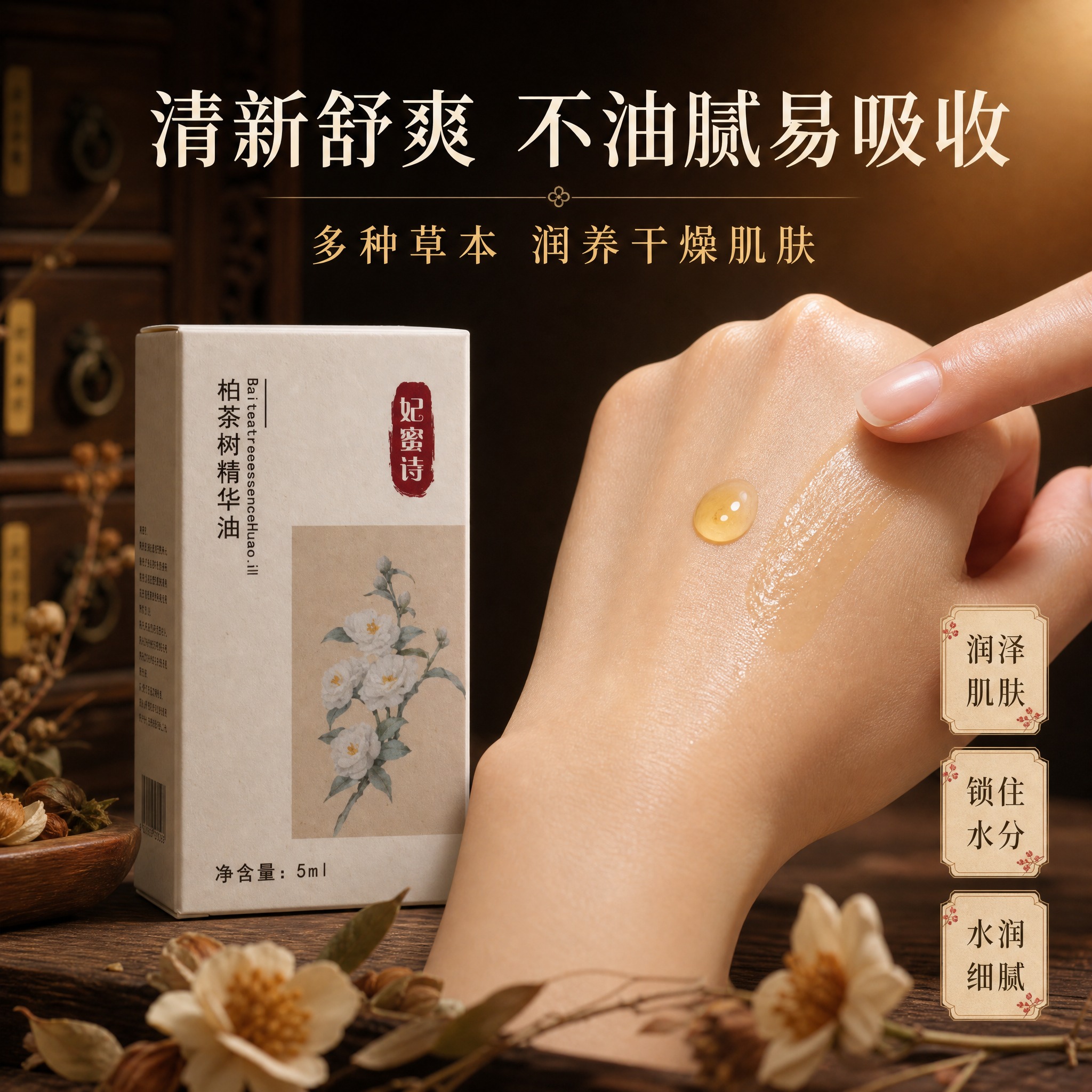 [主图-3] 质地肤感与使用效果 棕色中药风精华油展示 [统一… - 图片创意预览