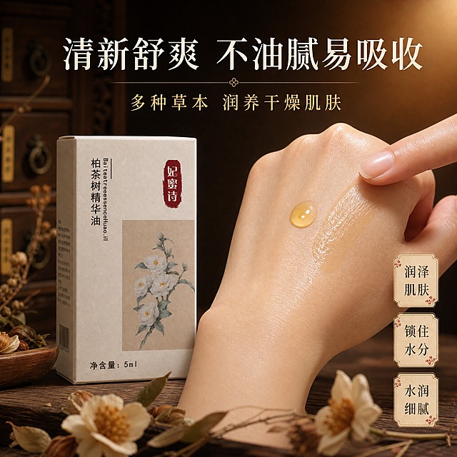 [主图-3] 质地肤感与使用效果 棕色中药风精华油展示
[统一基调] 整体风格为棕色中药国风，温润典雅的草本植萃质感；背景主色为深棕褐色渐变，点缀古朴中药柜纹理与干草本植物；标题字色为米白色与暖金色，辅助字色为浅棕褐色；强调色为朱砂红；字体样式为细衬线体，古典雅致；字号层级分明；卡片与边框采用细金线与宣纸质感。
[画面] 画面左侧展示产品包装盒（妃蜜诗柏茶树精华油白色方盒），占画面约30%，正面微侧角度。画面右侧展示一只女性手部手背特写，手背上滴有一滴金黄色精华油，精油呈晶莹剔透的油滴状，有光泽感，旁边有用手指轻轻推开涂抹的半透明油膜痕迹，展示精华油的质地轻盈、易推开、不油腻的特点。手部皮肤细腻水润，有健康光泽。背景为深棕褐色渐变，底部有古朴木质台面，台面上散落少量干山茶花花瓣和草本枝叶作为装饰。画面右上角有柔和暖光照射，营造温暖氛围。
[光影质感] 商业摄影质感，主光从右上方照射，手部和油滴受光清晰，油滴有高光反射体现晶莹质地；产品盒体光影自然；整体光线温暖柔和，体现中药养肤的温润感；手背皮肤有自然的水润光泽，展示使用后的肌肤状态。
[配色] 主色深棕褐色 + 米白 + 暖金 + 朱砂红点缀；金黄色精油滴为视觉亮点；手部肤色自然健康；整体色调统一在棕色中药风体系内。
[文字版式] 画面上方主标题："清新舒爽 不油腻易吸收"，米白色大字号细衬线体。主标题下方一行暖金色副标题："多种草本 润养干燥肌肤"。画面左下角或右下角有3个小型宣纸质感标签，竖向排列："润泽肌肤" "锁住水分" "水润细腻"，深棕色文字。文字均放在负空间，不遮挡产品和手部主体。
[输出要求] 比例1:1正方形，2048x2048像素；产品清晰完整，手部自然真实，油滴质地晶莹可见，文字清晰可读；负向：产品变形、错字、模糊、手部畸形、手指异常、水印、平台Logo、夸张前后对比、医疗功效暗示、绝对化用语。