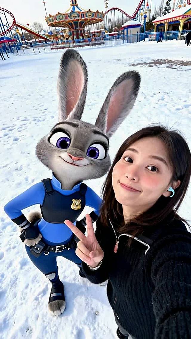 背景为下雪的游乐园，人物面对镜头。