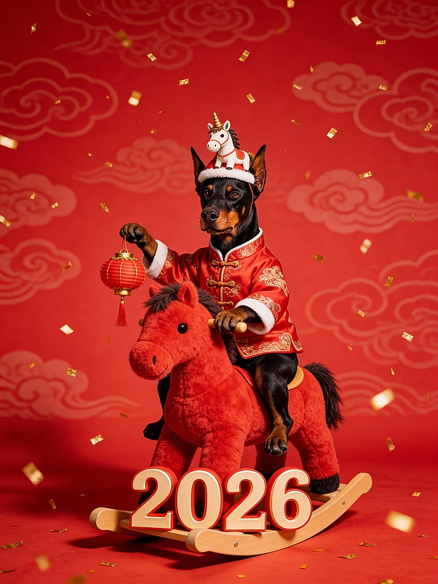 图中宠物穿上红色唐装服饰，带着迷你小马帽子，骑着毛绒红色摇摇马，手里还提着小巧的红灯笼，红色祥云暗纹背景；2026立体字在摇摇马前面，空中飘着细碎的金色彩带，整体跨年喜庆氛围，宠物和摇摇马的比例合理