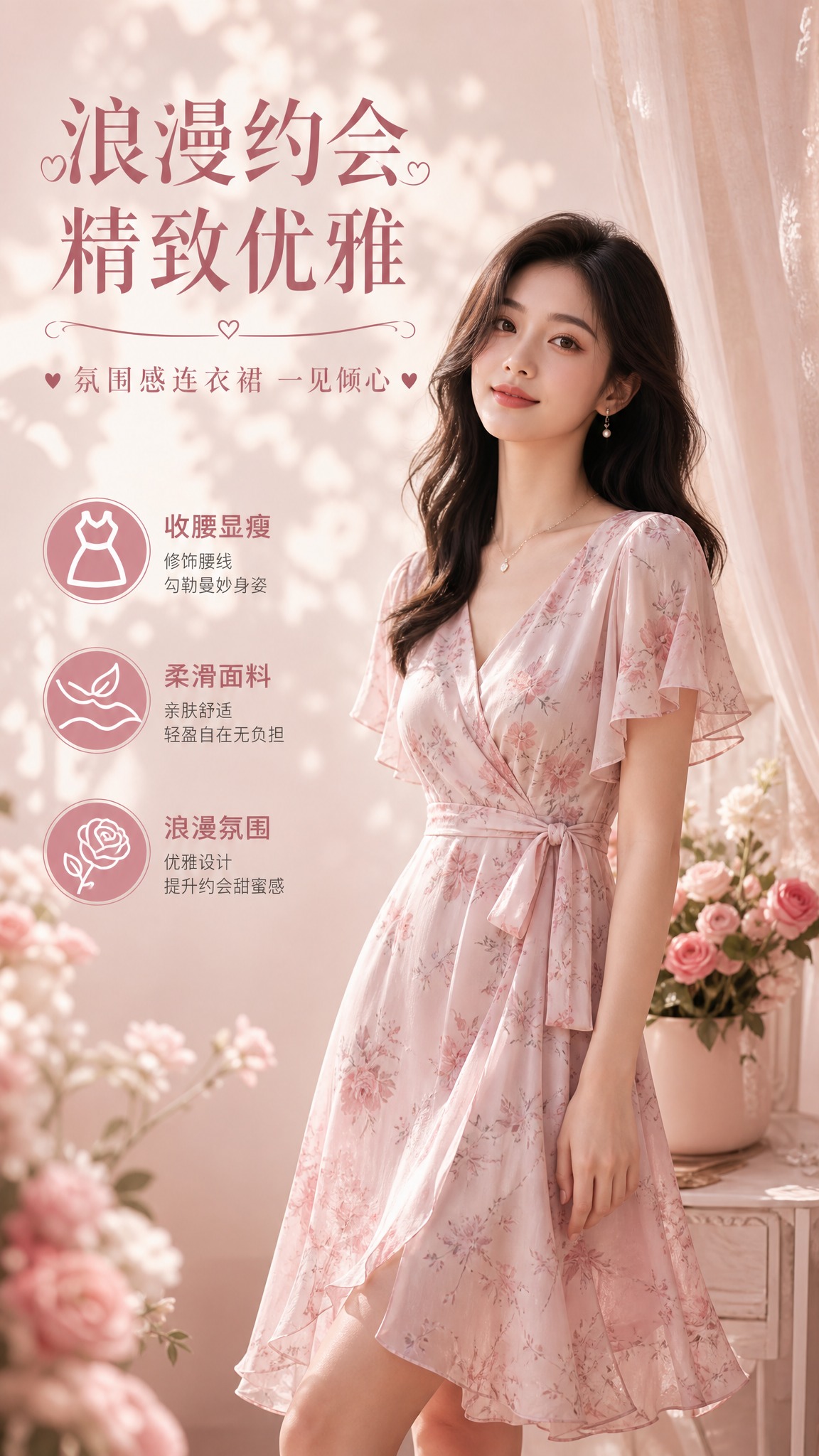 写实商业摄影风格，女装约会风连衣裙海报，竖版9:16。画面主体… - 图片创意预览
