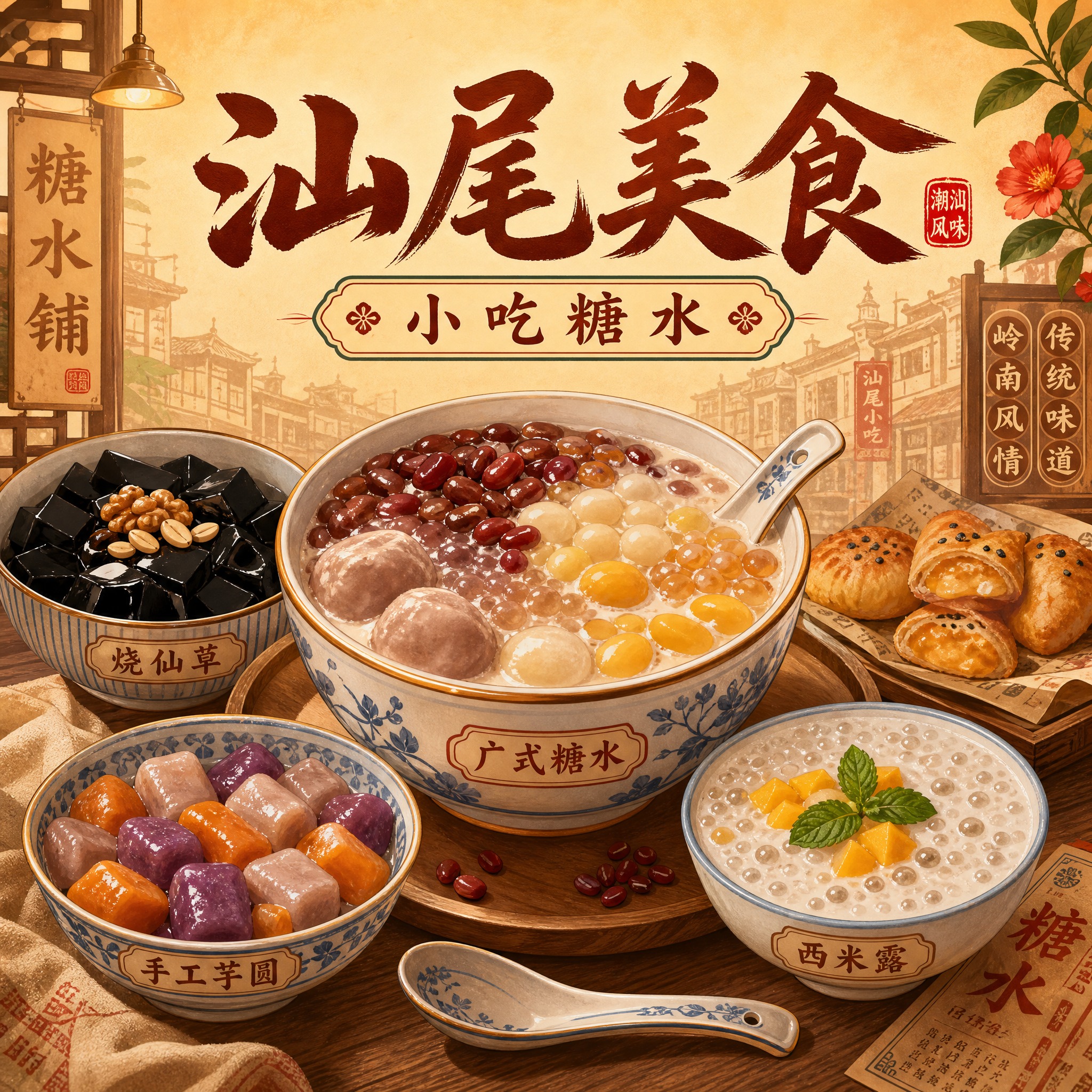 汕尾美食小吃糖水店头像设计，正方形构图，无圆形边框。画面中央是… - 图片创意预览