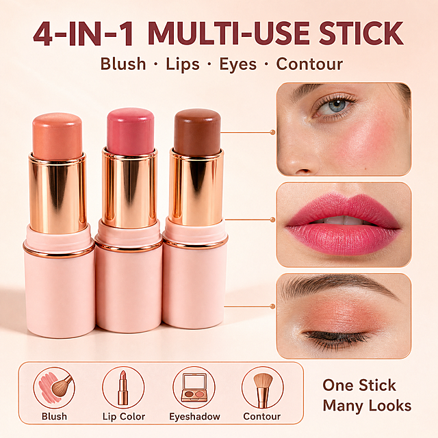 [主图-3] 11色多用腮红膏棒（Blush Stick）一物多用页，唯一任务：证明一支可同时当腮红、唇部、眼影与修容使用。
[统一基调] 风格=跨境美妆商业摄影柔光通透；背景主色=奶油白到裸粉同色渐变；标题字色=深莓棕；强调色=玫瑰金；字体=干净无衬线粗体（主标题与说明同一字体）；组件=圆角局部小窗、细金引线、圆形用途图标；光影=柔光箱自然窗光。
[画面] 左侧竖排三支不同肤色号的产品（裸杏、玫瑰粉、深棕修容）直立并抱，产品占画面左侧约35%；右侧为三个圆角局部小窗，从上到下：（1）欧美成人女性手背脸颊区域，苹果肌上晕开的清透粉色腮红妆效，可见真实皮肤纹理与自然红光；（2）唇部近景，唇上涂有玫红色唇妆，唇形完整自然；（3）眼尾到眼窝淡橙色眼影晕染局部，眼周干净；三个小窗均用细金引线连到左侧对应色号产品；底部一条横向四宫格小图标条，图标依次为腮红刷、口红、眼影、修容刷，图标下配英文短词。产品外观与参考一致，无中文、无水印。
[光影质感] 柔光箱左前侧主光，小窗内肤色明亮通透不油光，妆效自然清透，接触阴影柔和，背景为细腻奶油裸粉渐变。
[配色] 主色=奶油白与裸粉；强调色=玫瑰金仅用于引线与图标；标题深莓棕；正文暖灰棕；无冷蓝无灰调。
[文字版式] 上方主标题 "4-IN-1 MULTI-USE STICK"，下方副标 "Blush · Lips · Eyes · Contour"；四图标下分别标注 Blush / Lip Color / Eyeshadow / Contour；右下角小字 One Stick Many Looks；所有文字仅横向排版，不遮挡妆效与人脸。
[输出要求] 1:1方形，妆效自然不夸大，皮肤纹理真实，人物为欧美成人，文字清晰无错字，负向：中文、水印、乱码、畸形手、多余手指、面部扭曲、变形、模糊、暗沉。