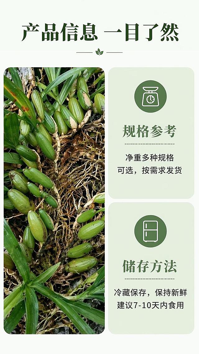 [第7屏] 规格储存说明屏，清晰标注产品规格与储存方法。本屏使用【图2】展示产品形态。
[氛围/风格] 清晰信息卡风格，简洁明了，实用可信。
[元素布局] 左图右文布局：左侧放置【图2】石橄榄产品，保留产品形态颜色结构，占画面约40%；右侧为信息卡区域，分块标注产品规格和储存方法。信息块用浅绿圆角卡片承载，清晰易读。
[光影质感] 均匀柔光，产品和文字都清晰可见，层次分明。
[配色色系] 全局底色 #f8fcf7，主色绿色文字，辅助色浅绿信息块，简洁干净。
[视角构图] 左产品右信息布局，信息分区清晰，阅读流畅。
[文字版式] 顶标题「产品信息 一目了然」；信息卡分两块：「规格参考」标注「净重多种规格可选，按需求发货」；「储存方法」标注「冷藏保存，保持新鲜 建议7-10天内食用」；文字大小适中，手机端清晰可读。
[比例分辨率] 9:16 竖版比例，4K分辨率，文字清晰可辨，高清画质。
[负向提示词] 信息混乱，文字模糊，产品变形，排版拥挤