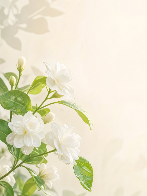茉莉花海报，白色重瓣茉莉花枝斜向延伸，带有绿叶，花瓣上带有晶莹的露珠，风格为自然清新的治愈系插画，柔和自然光，浅米白色背景，画面留有大量留白，右上角预留出标题位置，整体构图疏朗，8K高清，竖版构图预览效果