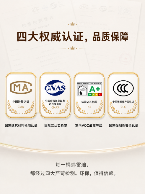 [第4屏] 权威认证页-四大认证矩阵展示。
[氛围/风格] 严肃权威专业风，浅金色调，检测报告背景营造信任感，整体高级庄重。
[元素布局] 背景为浅灰色简约底，页面中央横向并排展示四个认证徽章，每个认预览效果