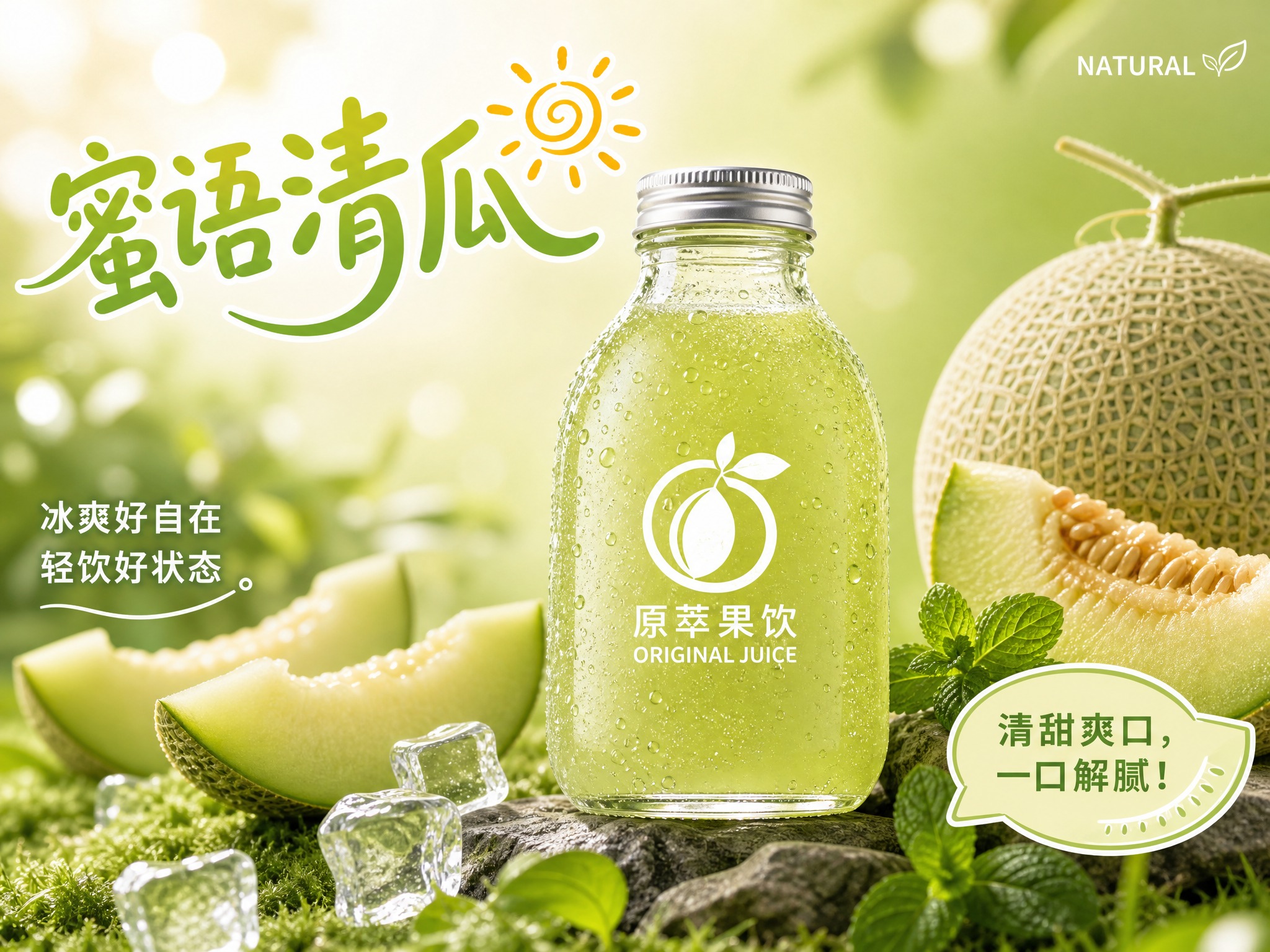 清口蜜瓜爽鲜榨果汁广告海报，4:3横版比例。画面中央是一瓶透明… - 图片创意预览