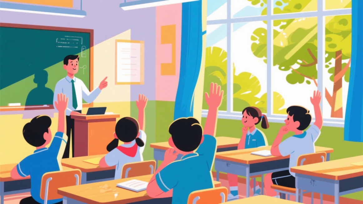 教室内，老师站在讲台上，正在向初中同学们提问，四分之三场景视角，窗外阳光明媚，绿树摇曳，明亮的光线透过窗户洒进教室，同学们坐在课桌前，有的举手，有的低头思考，整体氛围积极活跃，扁平插画风格预览效果