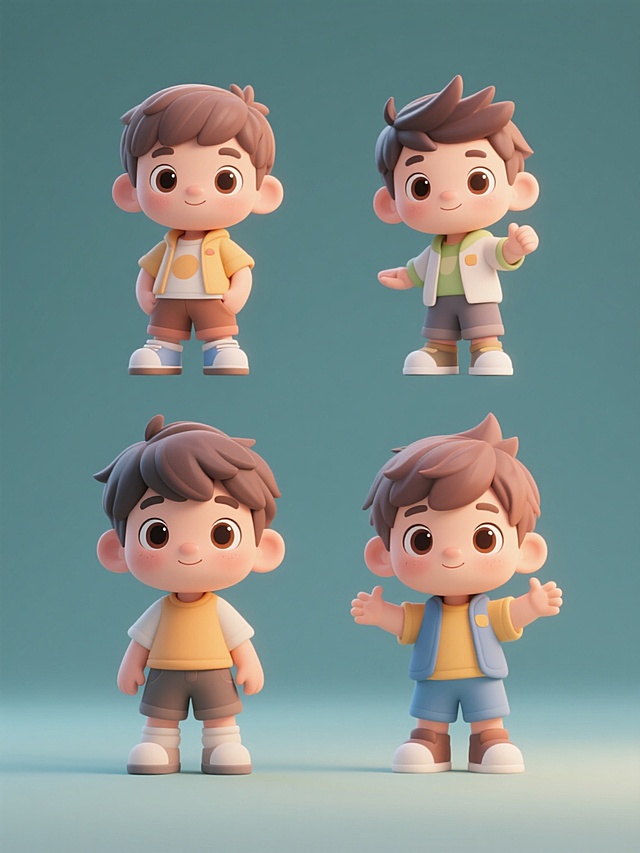 4个不同造型的Q版卡通小男孩角色系列集合，3D立体风格，纯色背景，保持圆润可爱的面部特征、大而明亮的眼睛、短粗四肢的统一角色设计风格，每个男孩拥有独特的发型、服饰和动作姿态，规整对称排布，高细节，柔和光影，平滑质感，角色之间保持视觉统一性和系列感