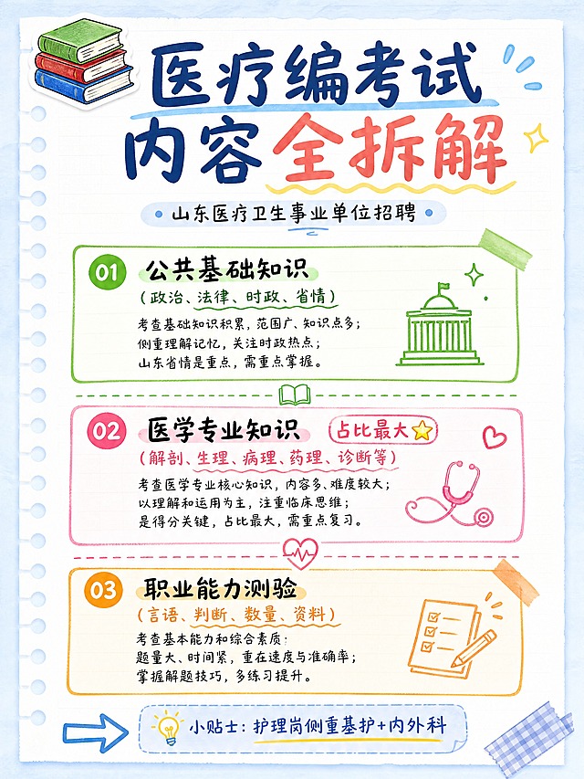 小红书干货笔记内页，手账拼贴风，版式精美，小红书笔记质感，信息图风格。主标题在顶部，逐字锁定：「医疗编考试内容全拆解」。副标题小字：「山东医疗卫生事业单位招聘」。背景：浅蓝白渐变笔记纸纹理。主体内容分三大板块用彩色便签/框线呈现：1.「公共基础知识」（政治、法律、时政、省情）用绿色便签框；2.「医学专业知识」（解剖、生理、病理、药理、诊断等）用粉色便签框，标注「占比最大⭐」；3.「职业能力测验」（言语、判断、数量、资料）用橙色便签框。每个板块下方有2-3行小字说明考察重点。底部有一个手绘箭头指向的小贴士：「护理岗侧重基护+内外科」。装饰：顶部左侧📚书本emoji贴纸；板块之间用手绘虚线和小图标分隔；右下角有胶带装饰；整体手写马克笔字体风格。画质：高清细腻，信息层级清晰，文字完整可读，四周留安全边距。画面比例3:4。