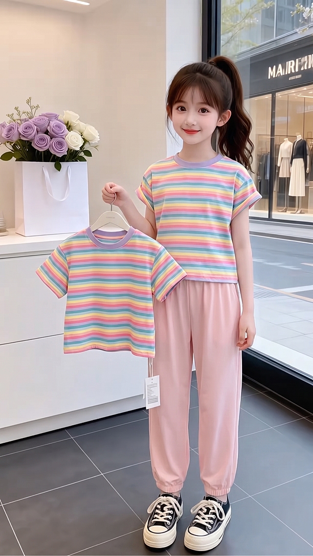 用图1短袖和裤子替换掉图2的模特身上穿的衣服裤子和模特手里衣架上挂着的衣服，保留原场景光影，保持图2的人物的五官和发饰不变，姿势不变，拍摄角度不变，模特的朝向不变，背景不变，图片宽高尺寸不变，保持图1的短袖和裤子的款式材质不变和颜色不变，高清