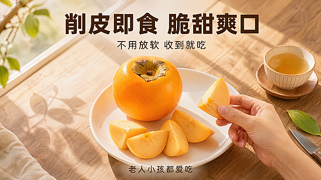 [第5张] 口感体验-脆甜无涩食用场景展示。竖版长图比例。本张使用【图1】作为产品主体。
[氛围/风格] 温馨生活化场景，自然治愈，京东品质风格，生活方式摄影质感。
[元素布局] 居家餐桌场景竖幅构图，木质桌面上放着一个白瓷盘，盘子里摆着完整的巧克力脆柿和切好的果块，旁边有一把水果刀、一片绿叶和一杯清茶；阳光从窗边斜射进来，在桌面上投下柔和的光影和窗格影子；一只手正拿起一块切好的脆柿，动作自然；上方和下方留有文字空间；产品外观颜色形状与输入图一致。
[光影质感] 自然窗边柔光，暖色调，食物表面有自然光泽，桌面有柔和阴影，整体氛围温暖治愈。
[配色色系] 全局底色暖木色与白色餐具搭配；主色橙黄；辅助色米白、深棕、浅绿。
[视角构图] 45度俯视竖幅角度，餐桌场景全景，阅读动线从上至下。
[文字版式] 上部主标题「削皮即食 脆甜爽口」，副标题「不用放软 收到就吃」；底部小字「老人小孩都爱吃」；字体粗黑体，主标题深棕色，副标题浅棕色；文字放在画面上下负空间，不遮挡主体。
[比例分辨率] 竖版长图比例 9:16，4K分辨率，文字清晰可辨，高清画质，移动端友好。
[负向提示词] 横版构图，果实变形，颜色偏差，水印，文字错乱，人物面部，手部畸形，背景杂乱，京东Logo，绝对化用语