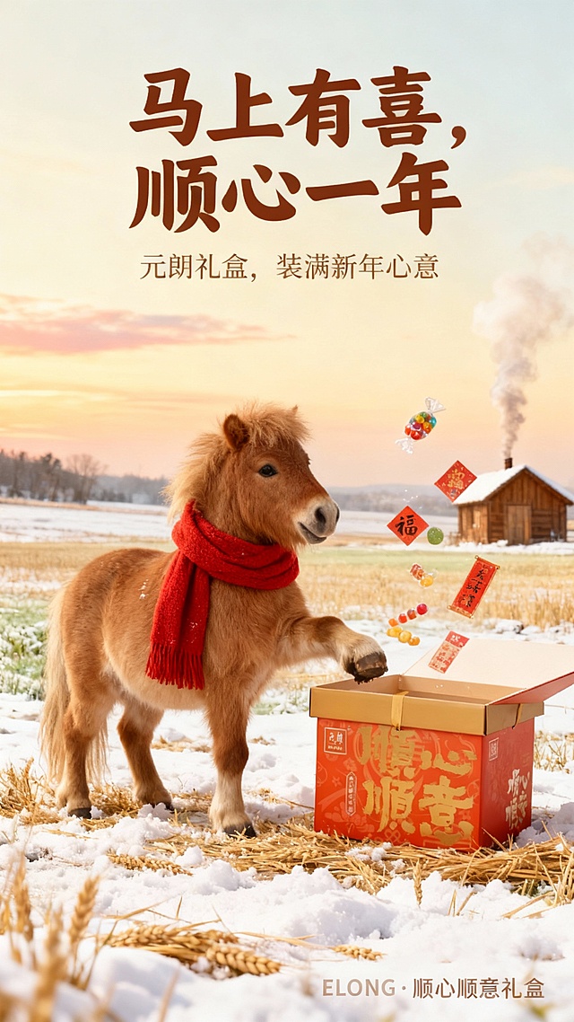 国潮风拟人小马戴红围巾，雪地实景中开启礼盒，糖果红包飞出，喜庆印刷质感，传递新年顺心寓意。
