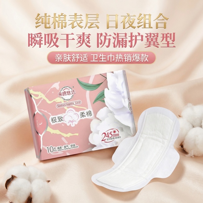 我是网店卖家，产品是女士生理期用品卫生巾，根据你的经验帮我生成一个电商主图，/提升一些包装质感，切记不要出现网络违禁词,略微提升质感包装袋生成的包装主体不能改变，/背景可以更换更适合产品的高级背景/突预览效果