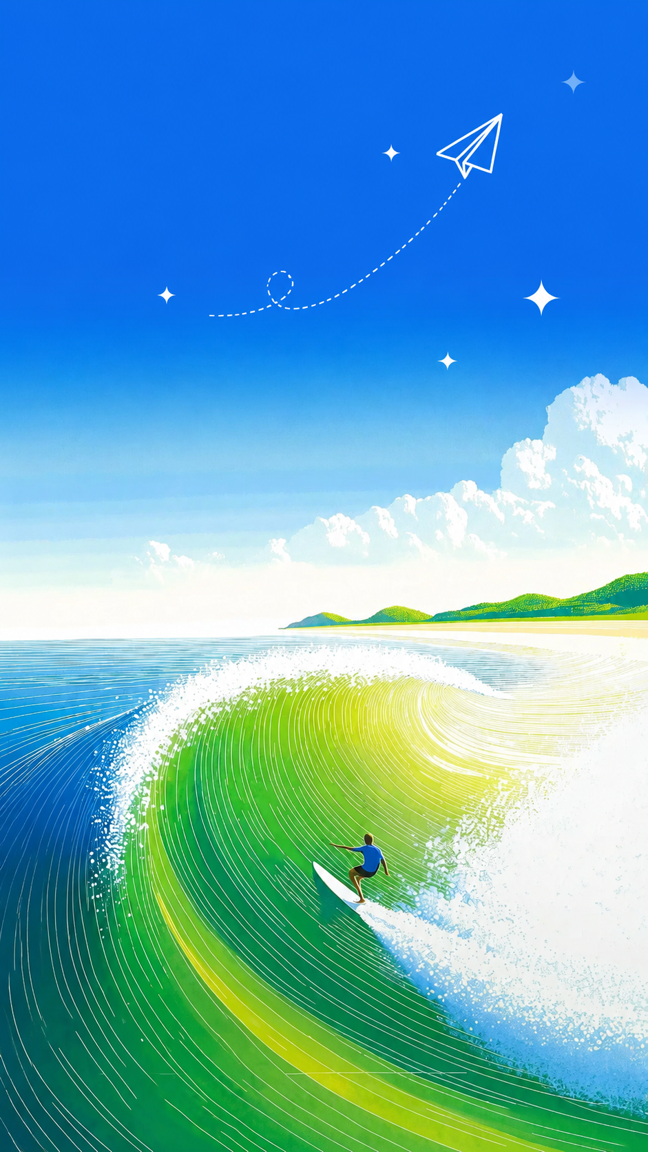 参考此图片的插画风格，保留海浪冲浪海滩的整体画面内容，清空画面… - 图片创意预览