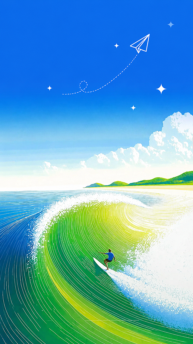 参考此图片的插画风格，保留海浪冲浪海滩的整体画面内容，清空画面所有文字文案、logo以及二维码，保持蓝色天空海浪的配色和整体插画风格不变