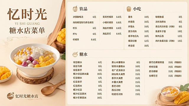 参考图左右分栏版式设计忆时光糖水店菜单，左侧是糖水主视觉展示，保留浅米色暖调背景，自然木材和芒果装饰，整体风格简约干净自然温暖。右侧分三个区域：饮品、小吃、糖水，分区块排版，每个区域填入对应菜品和价格，文字清晰排版整齐。左侧顶部保留大标题，左下角放店名"忆时光糖水店"。完全复刻参考图的分区、构图和配色，替换为用户提供的所有菜品价格：
饮品：冰镇酸梅汤 6元、海底椰雪梨竹蔗毛根饮 6元、柠乐6元、柠七6元、柠檬茶 8.8元、茉莉柠檬茶 8.8元、小橘柠檬茶8.8元、海盐柠檬茶8.8元、海盐苏打8.8元
小吃：薯条10元、炸香肠10元、炸馒头10元、麦乐鸡块10元、香芋地瓜丸10元、爆浆红糖12元、烤全翅18元、咖喱鱼蛋8元、凉拌海带丝8元、青瓜肉沫拌面（河粉）8元、鱼蛋车子面10元、鲜肉云吞12元、肉片鱼蛋汤面（河粉）13元
糖水：绿豆糖水6元、绿豆马蹄8元、绿豆香芋8元、椰汁绿豆西米露10元、红豆糖水6元、红豆香芋8元、红豆西米8元、椰汁红豆8元、椰汁红豆西米10元、椰汁芒果西米10元、黄心木薯糖水8元、银耳木薯糖水10元、老广式清保凉15元、烧仙草大满贯15元、香芋大满贯15元、木薯大满贯15元、香芒河粉15元、西瓜河粉15元、哈密瓜河粉15元、腐竹白果鹌鹑蛋15元（限量款）、杨枝甘露15元（限量款）、西瓜椰椰15元（限量款）、生椰芒芒15元（限量款）
文字清晰可读，版式精美，比例16:9，分辨率4K