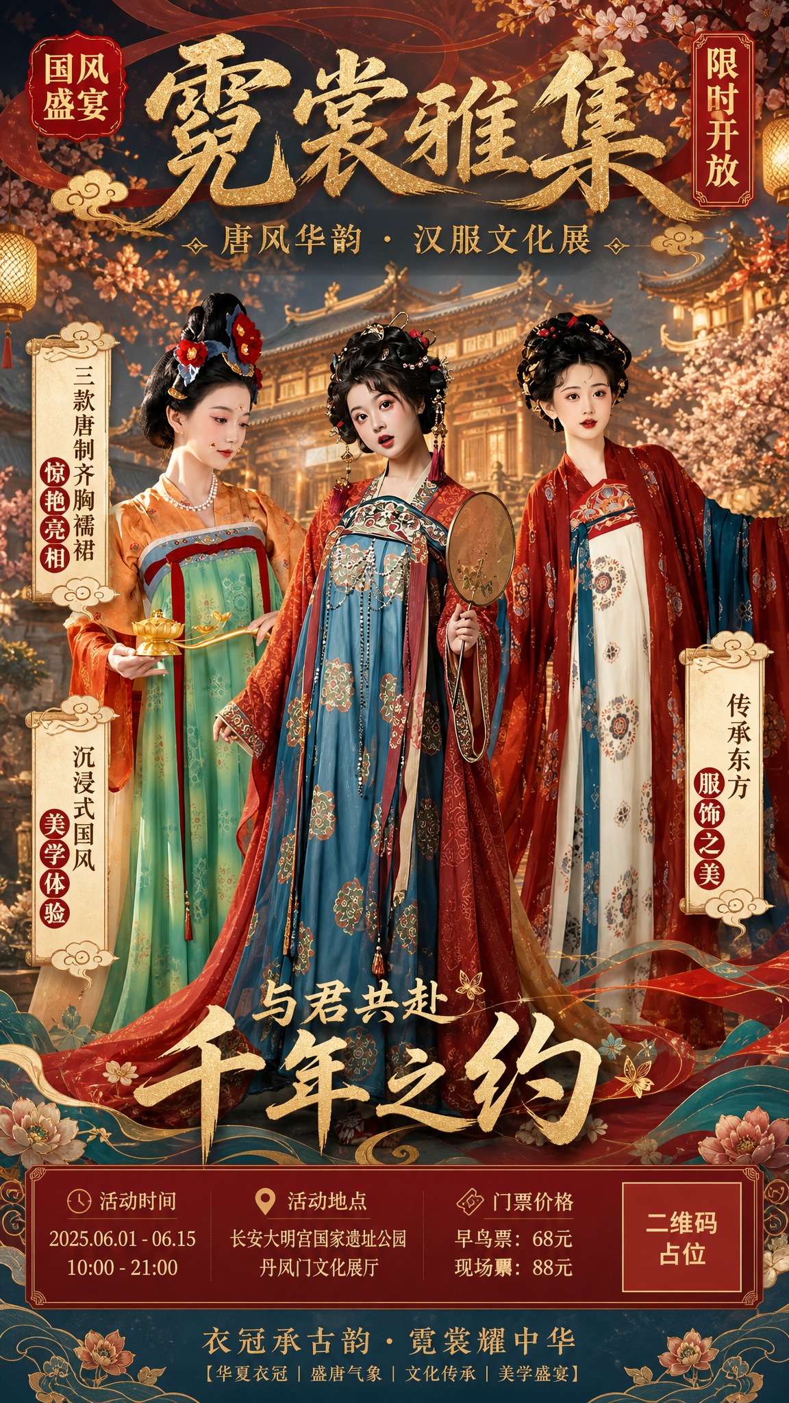 国风唐风华韵汉服文化宣传活动海报，竖版9:16。画面中央三位身… - 图片创意预览
