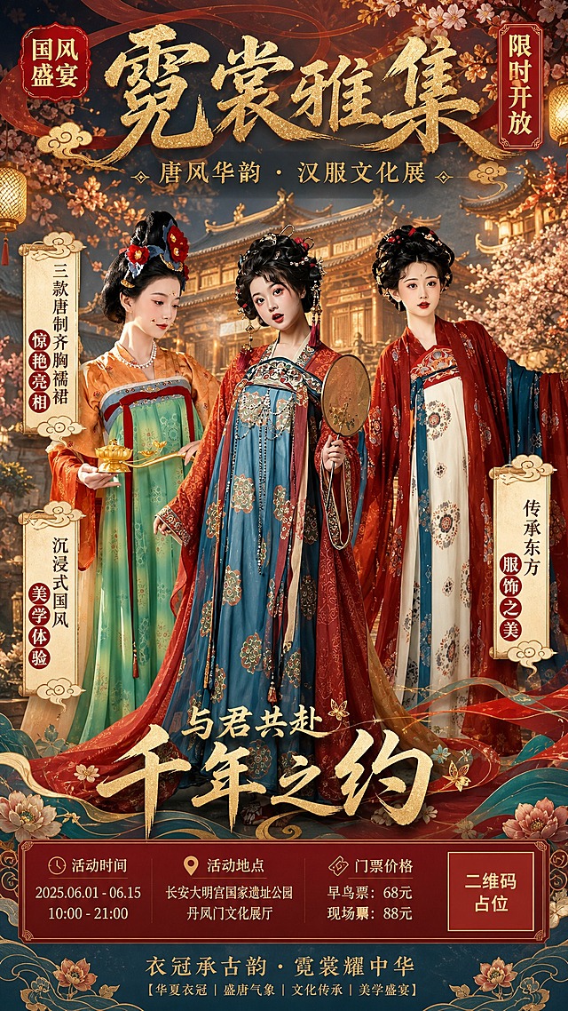 国风唐风华韵汉服文化宣传活动海报，竖版9:16。画面中央三位身着唐制齐胸襦裙的古装女子优雅而立，从左到右依次为：第一位穿橘色上襦配绿色齐胸裙、手持金色莲花灯；第二位穿红色上襦配蓝色团花齐胸裙、手持团扇；第三位穿红色大袖衫配米白团花齐胸裙、广袖舒展。三位女子姿态各异，尽显盛唐雍容华贵之美。背景为古色古香的中式宫殿庭院，飞檐翘角，祥云缭绕，远处有朦胧的花树与宫灯，营造出典雅梦幻的国风意境。画面顶部居中大字号主标题："霓裳雅集"，字体为华丽的书法体，烫金质感。主标题下方副标题："唐风华韵 · 汉服文化展"。画面左右两侧分布三个卖点标签，分别是"三款唐制齐胸襦裙惊艳亮相"、"沉浸式国风美学体验"、"传承东方服饰之美"，标签采用古风卷轴或云纹边框样式。左上角有"国风盛宴"印章式标签，右上角有"限时开放"标签。画面底部有装饰性文案："与君共赴 千年之约"。整体配色以朱红、石青、鎏金为主色调，浓郁典雅的唐风配色。画面中所有信息区域必须填充完整合理的内容，不得出现空白框、空白占位、横线待填写区域、空列表项、空单元格。画面中所有二维码区域使用纯色方块占位符呈现，方块中央标注"二维码占位"文字，严禁生成任何可识别的二维码图案。版式精美，层次分明，国风新中式工笔风格，超高清画质，电影级光影，氛围感拉满。
