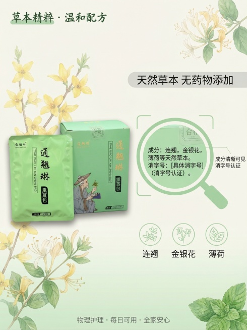商品包装标签图，保留原通翘琳熏蒸包包装完全不变，放在画面偏左位置，略微倾斜带柔和投影。右侧加淡绿色细线圆角矩形放大框，搭配扁平放大镜图标，放大展示包装上的成分表、消字号等标签信息，文字清晰可读。背景为预览效果