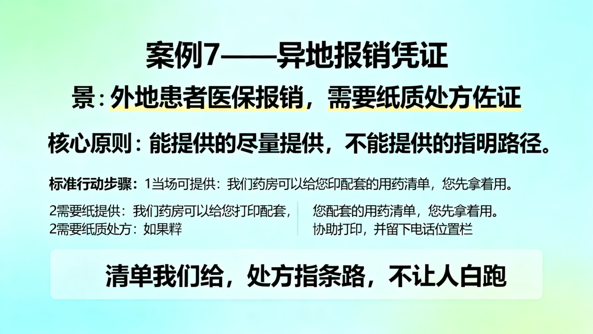 医疗机构药剂科窗口服务培训PPT案例页，标题：案例7——异地报销凭证，正文：情景描述：外地患者医保报销，需要纸质处方佐证。核心原则：能提供的尽量提供，不能提供的指明路径。标准行动步骤：1当场可提供：我预览效果
