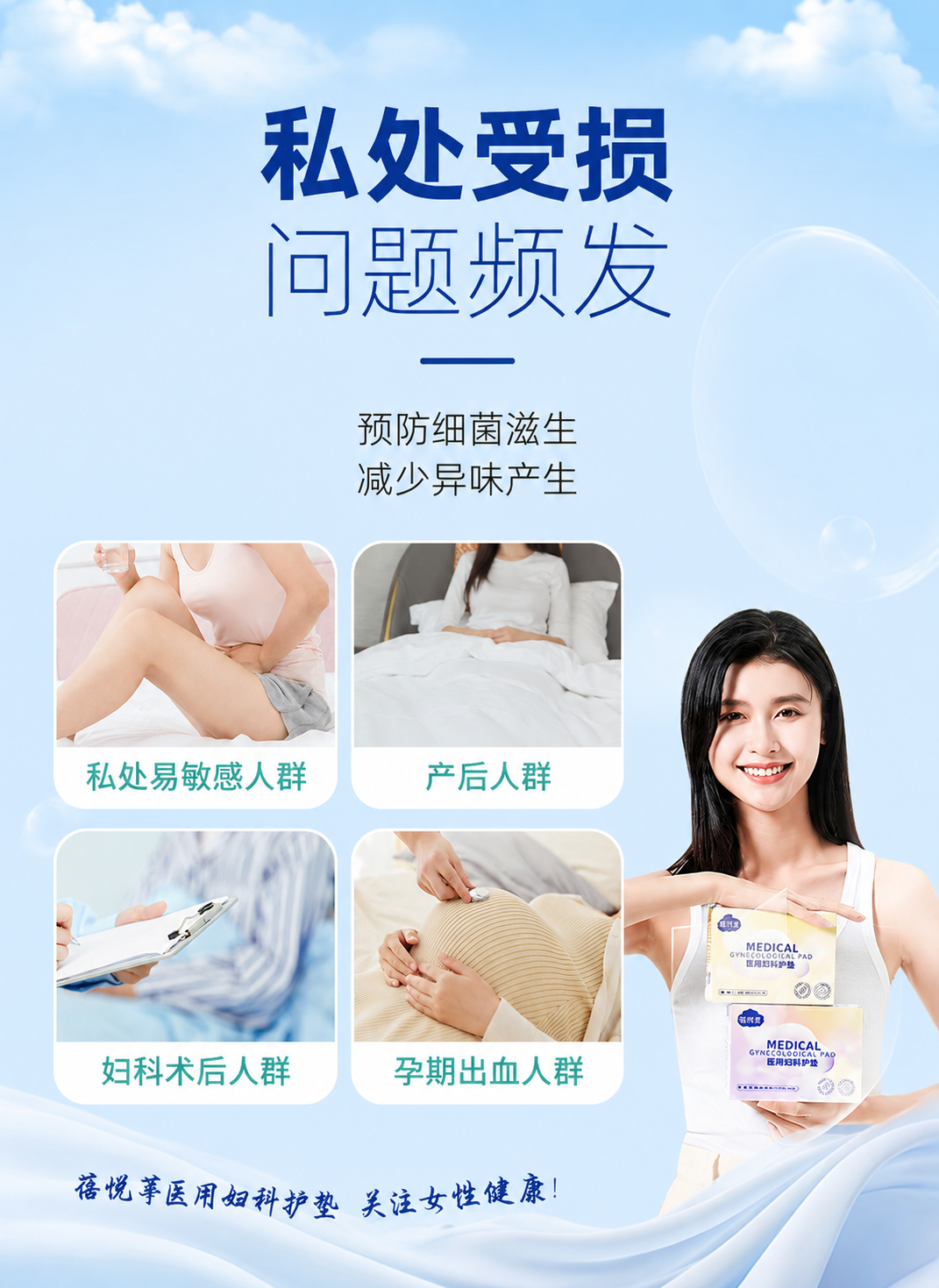 基于第一张图的整体版式与浅蓝渐变背景风格，保留顶部大标题"私处… - 图片创意预览