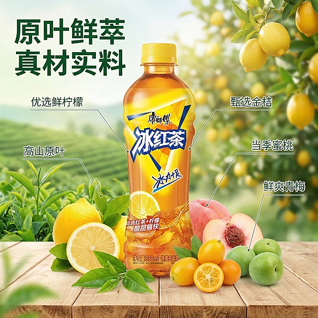 [垫图]https://gdesign-dam-hz.dancf.com/35945842379835533/30b99509e92c483b88c29efe344c3545.png
[主图主题]康师傅茶饮原料溯源卖点图
[氛围/风格]清爽自然，高级清新，自然光质感
[画面元素]冰红茶产品居中，背景融合茶园、鲜柠檬种植园的朦胧实景，周围摆放新鲜采摘的柠檬、金桔、青梅、蜜桃、绿茶鲜叶原料，产品主体完整无切割，光影柔和通透，背景全屏无边框
[配色色系]主色调：清新绿、暖黄；辅助色：产品本身的色彩，自然和谐
[视角构图]平视角度，景深适中，产品占比55%，背景虚实结合突出主体
[文字版式]左上方主文案“原叶鲜萃 真材实料”，无衬线粗体深绿色；用极细浅灰色引线分别连接对应原料，标注“优选鲜柠檬”“高山原叶”“当季蜜桃”等小字卖点，白色无衬线字体；文字不遮挡产品主体
[比例分辨率]1:1比例，2048*2048分辨率，2k