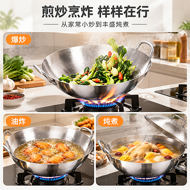 [商品] 使用【图1】【图4】304不锈钢双耳炒锅；保留圆底深口弧形锅身、两侧U型金属双耳、焊接连接处、拉丝内壁、抛光外壁、无涂层锅面；产品为银色不锈钢质感，结构完整。
[画面] 第5张 多场景拼贴页，目标展示炒锅在不同烹饪任务中的适配性。构图为1大2小宫格：上部大图展示炒锅在燃气灶上爆炒青菜的场景，锅气与食材翻动；下方左小图展示炒锅油炸鸡翅，油面金黄食材漂浮；下方右小图展示炒锅炖煮汤品，锅盖半开蒸汽袅袅；每个宫格圆角边框，统一视角与光感。背景为现代家庭厨房台面与墙面，场景真实。景别为场景中景组合。
[视觉] 套系策略：风格=专业品质厨房商业摄影，温暖明亮；标题字=现代无衬线粗黑体；正文字=简洁无衬线体；主色=不锈钢银灰；背景延展=基于银灰做暖白厨房场景深浅层级；强调色=暖橙，仅用于小面积标签与火焰点缀；标题色=深炭灰；正文色=中暖灰；组件=圆角宫格图框、标签胶囊、细线引线；光影=厨房顶光加侧前暖光，金属高光自然，食物色泽真实。
[文字] 顶部主标题大字"煎炒烹炸 样样在行"，副标题"从家常小炒到丰盛炖煮"；三个宫格各配1个短标签："爆炒"、"油炸"、"炖煮"；文字横排，标签不遮挡锅体。
[规格] 图片比例1:1，1440x1440，2K，避免变形、错字、文字过小、冷蓝背景、产品结构改变、食物不真实。
