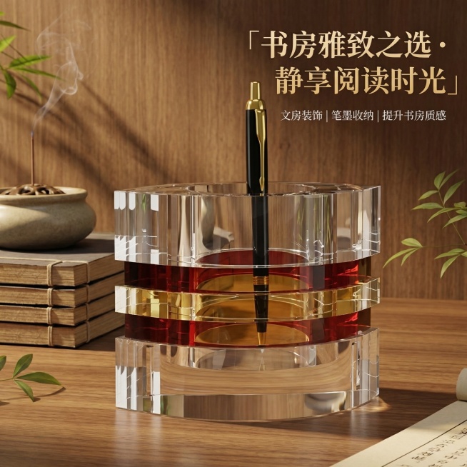1:1 竖版电商主图，严格还原上传的产品图，包括水晶笔筒的高透多层切割结构、红金夹层配色、金色笔插细节、透明质感等所有设计元素，产品外观必须与参考图完全一致，不得改变包装设计、配色方案或结构元素，保持预览效果