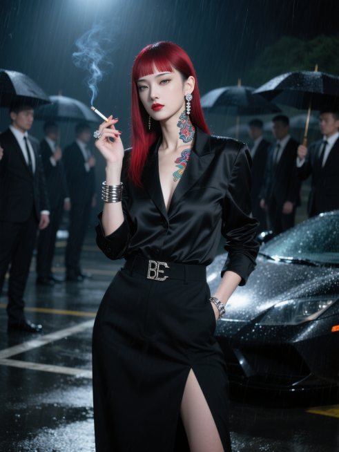 下雨夜晚，前景模糊，前景是保镖的肩膀和伞。画面中的主体是一位冷白皮御姐，轻熟风，正面。酒红色挑染长发发型，中分八字刘海，精致的妆容，丝绸衬衫，金属装饰品，黑色硬剪裁风格高定西装，黑色开叉高定长裤，细长预览效果