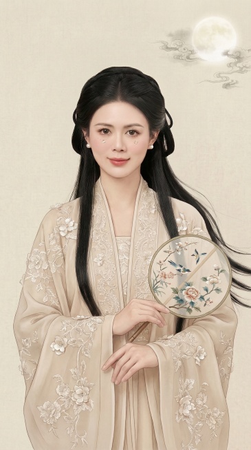 图中人物五官不变，去掉帽子，保留古风长发造型，身着浅米色蕾丝绣花汉服，手持绣花团扇，整体为传统工笔画效果，背景保留浅米色工笔质感、淡墨云纹与圆月元素，风格雅致古典，细节写实丰富预览效果