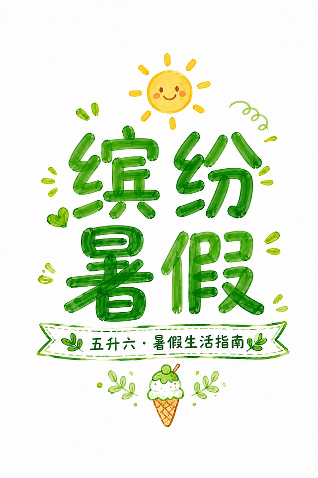 保留现有马克笔手绘风格、绿色配色和整体版式，仅将主标题文字改为"缤纷暑假"，其他装饰元素和排版不变，A4尺寸，白底，马克笔肌理保留