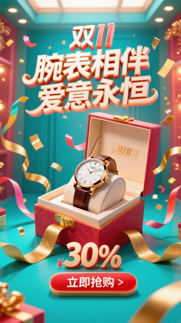 充满活力的双11销售海报构图。一枚优雅的手表放在打开的奢华礼盒中，周围是漂浮的彩带和金色丝带。电商风格，明亮欢快的灯光。“双11”Logo巨大且具有庆典感，位于顶部。主标题“腕表相伴 爱意永恒”采用粗预览效果