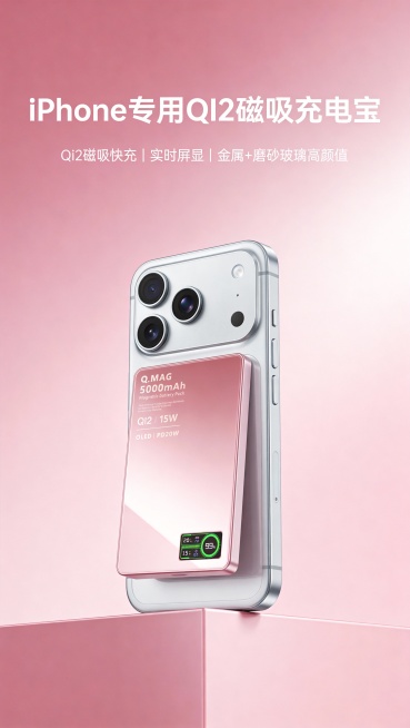 充电宝详情页
一、第一屏
 1.标题（大字）：
 “ iPhone 专用QI2磁吸充电宝”
2.副标题（小字）：
  “Qi2 磁吸快充｜实时屏显｜金属+磨砂玻璃高颜值”
画面描述：
  - iPho预览效果