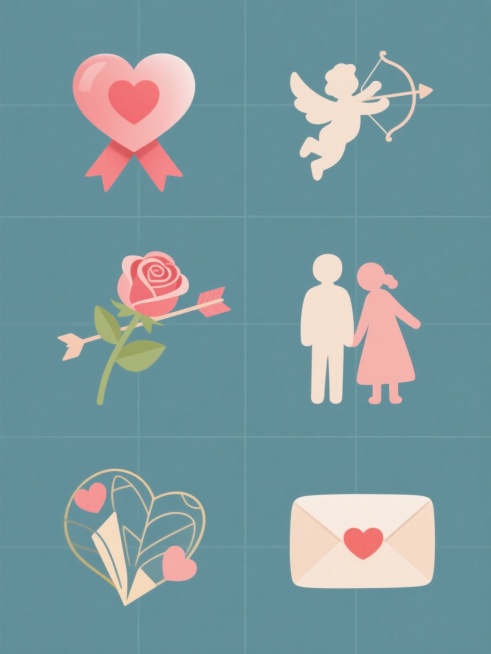 六个不同样式的情人节主题元素，包括心形丝带、爱心图案、玫瑰、丘比特之箭、情侣剪影、情书等，每个元素具有独特的配色方案和设计风格，如简约现代、复古浪漫、甜美可爱、优雅轻奢、手绘卡通、几何抽象，所有元素以整齐的网格或对称方式排列在纯色背景上，保持整体视觉的和谐统一与平衡感，单个元素具有光滑细腻的质感和柔和的光影过渡效果。预览效果