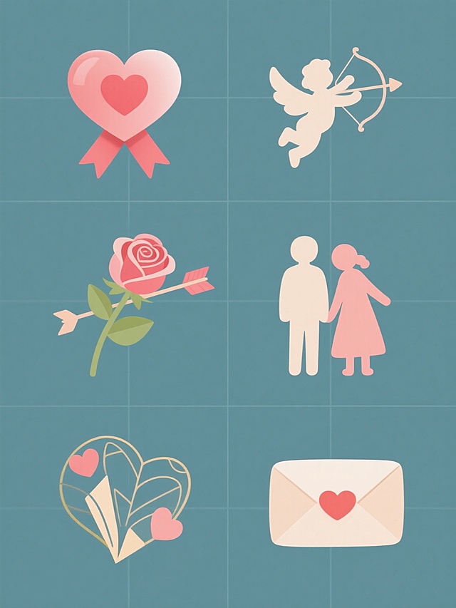 六个不同样式的情人节主题元素，包括心形丝带、爱心图案、玫瑰、丘比特之箭、情侣剪影、情书等，每个元素具有独特的配色方案和设计风格，如简约现代、复古浪漫、甜美可爱、优雅轻奢、手绘卡通、几何抽象，所有元素以整齐的网格或对称方式排列在纯色背景上，保持整体视觉的和谐统一与平衡感，单个元素具有光滑细腻的质感和柔和的光影过渡效果。
