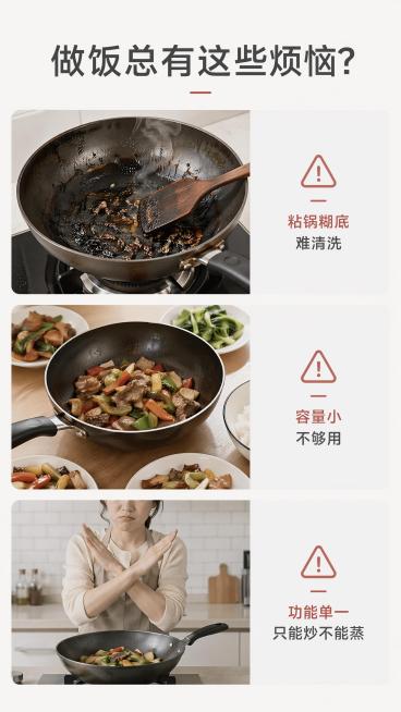 [第2屏] 痛点直击，展示传统炒锅的常见使用问题。本屏无需产品图。
[氛围/风格] 写实生活场景风，浅暖灰色调，清晰对比感。
[元素布局] 画面分上下三个区域，每个区域展示一个常见痛点：上方展示粘锅糊预览效果