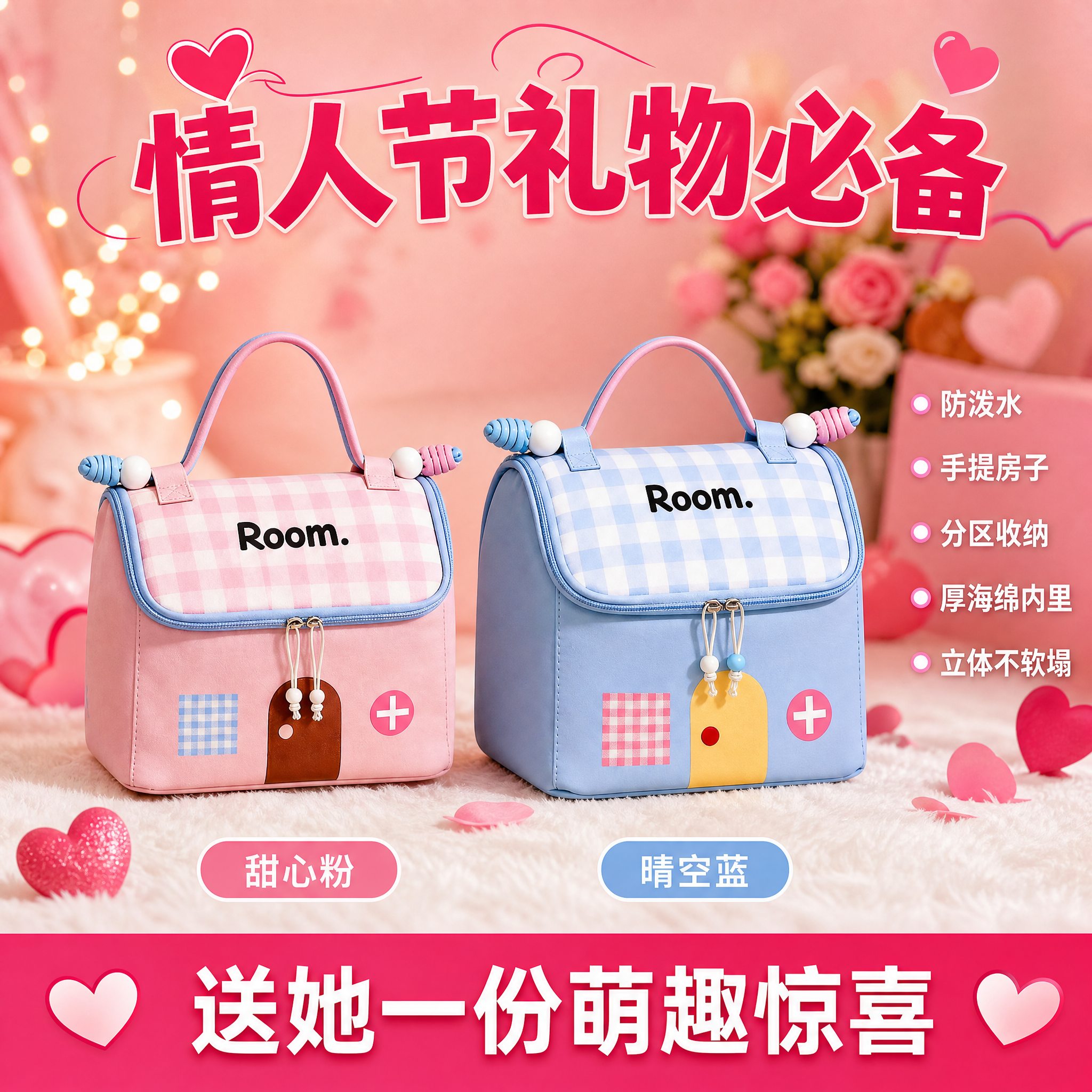 [主图-5] 小房子化妆包双色款式展示 情人节礼物必备转化图。… - 图片创意预览