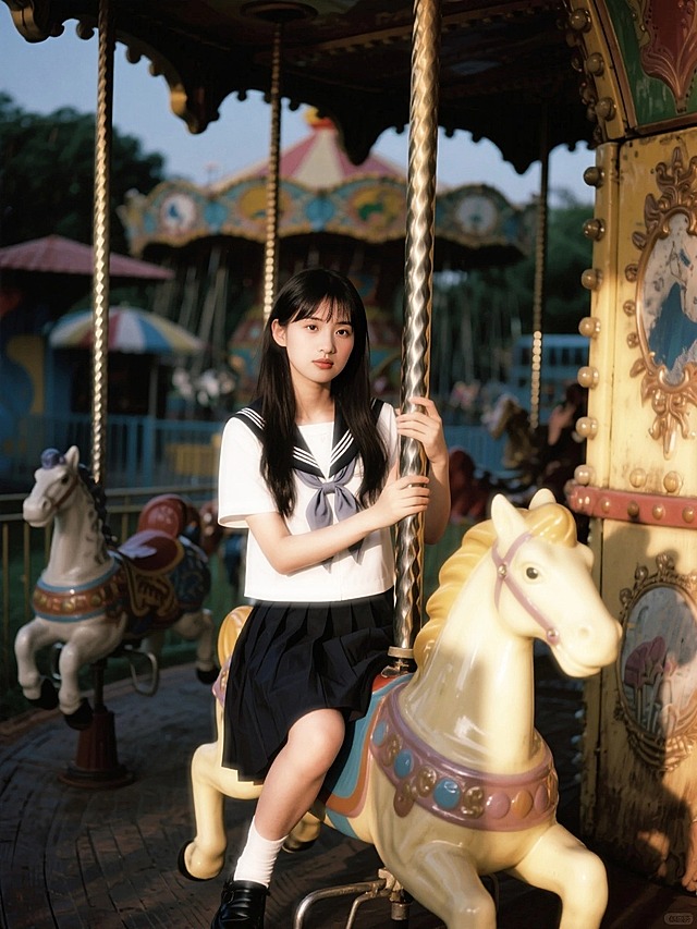 暗调老旧的游乐园，日系学生女生坐在泛黄的旋转木马上。全景。