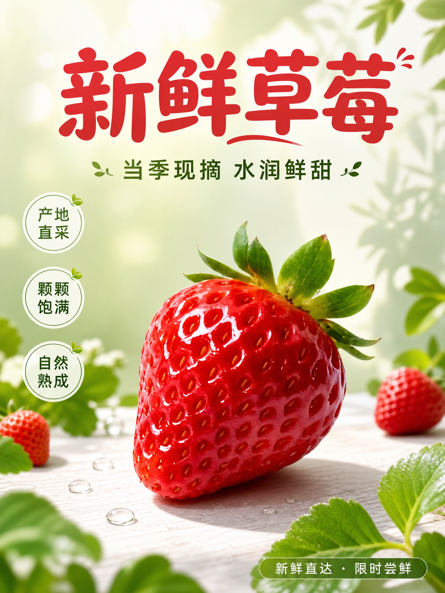 基于上传的新鲜草莓商品图，生成一张生鲜电商产品海报。草莓果实1… - 图片创意预览
